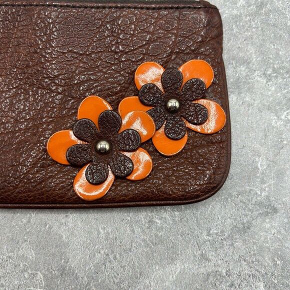 MIU MIU Brown Pebbled Leather Wristlet Purse Flower Trim Made In Italy - Picture 12 of 14